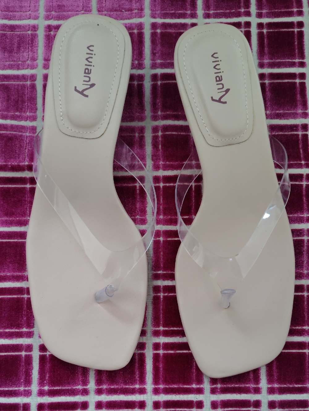 Vivianly Beige Clear-Strap Square-Toe Women’s Sandals